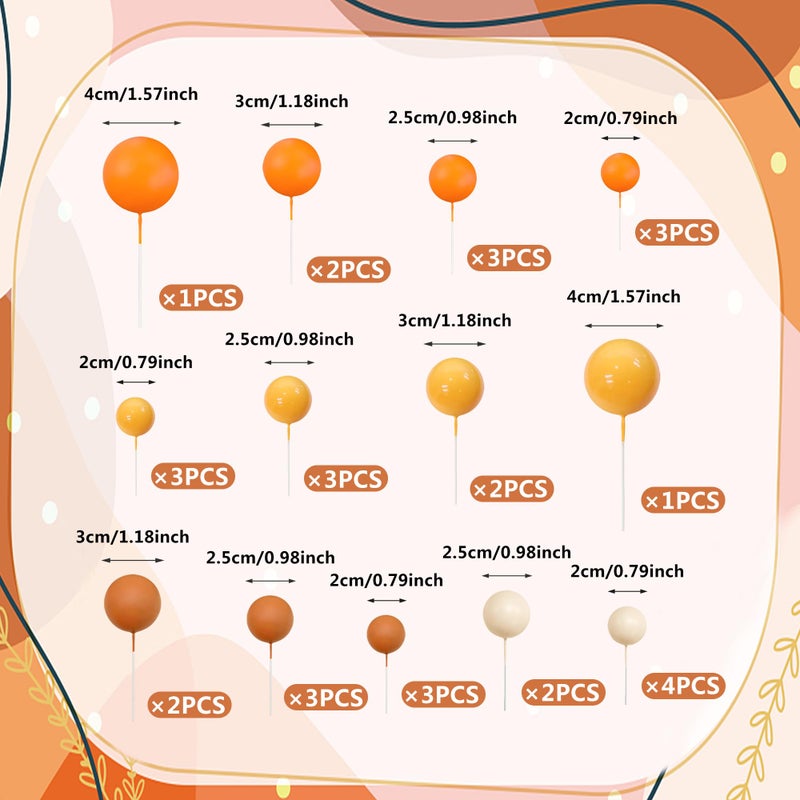 RASSLISA 32 PCS Ball Cake Picks Colorful Ball Shaped Cake Topper Pearl Balls Cupcake Cake Insert Topper for Birthday Party Wedding Decoration Supplies (Orange Yellow Apricot Caramel) - Image 2