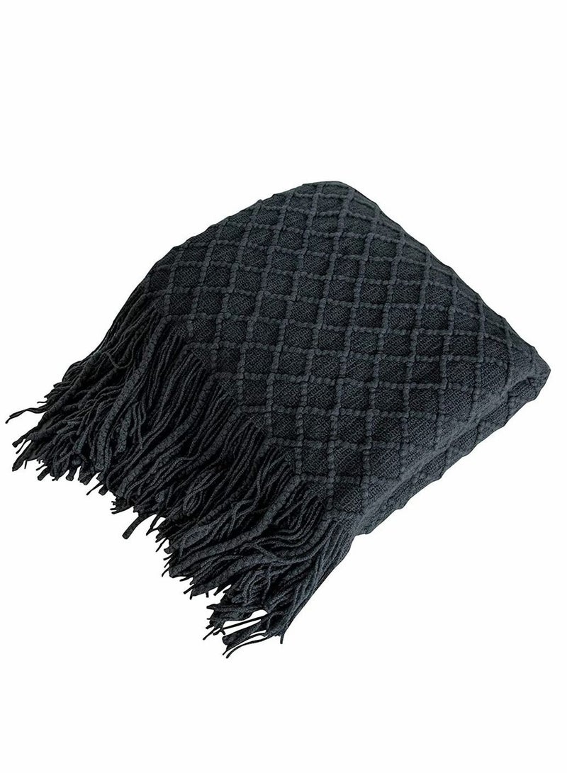 Blanket, Acrylic Knitted Throw Lightweight and Soft Cozy Decorative Woven Blanket with Tassels for Travel, Couch, Bed, Sofa, Available All Year Round (51 x 67 Inch, Dark Grey)  - Image 1