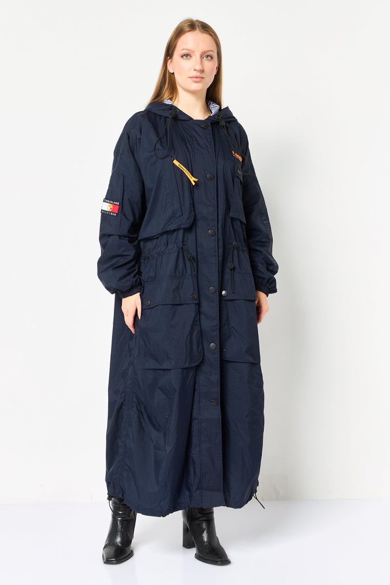 Timberland  x Tommy Hilfigher Women Embroidered Logo Trench Coat, Navy - Image 3