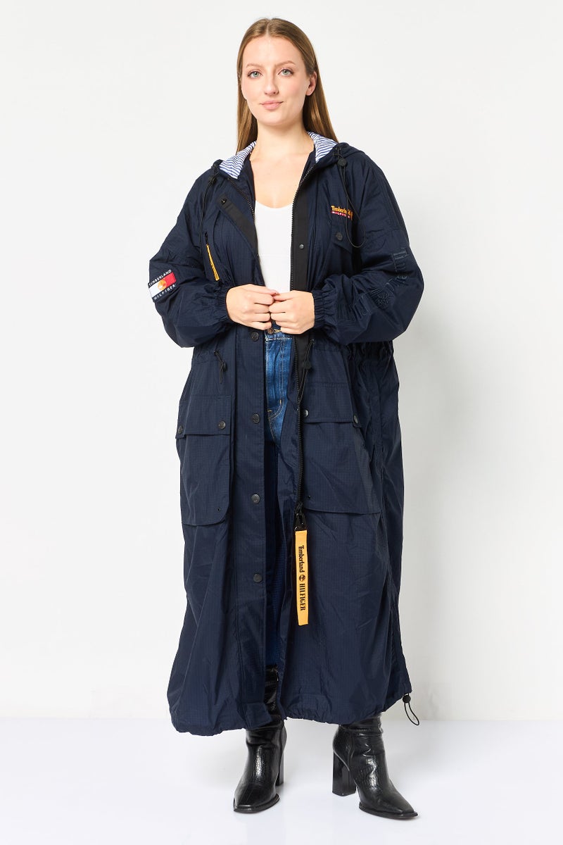 Timberland  x Tommy Hilfigher Women Embroidered Logo Trench Coat, Navy - Image 1