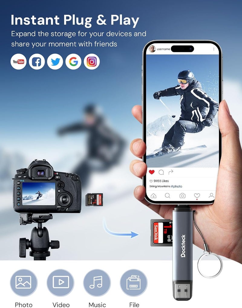 دوكتيك قارئ بطاقات SD من Dockteck، قارئ بطاقات SD/TF بسرعة عالية 5G وبتقنية USB3.0، يحتوي على 3 فتحات لقراءة بطاقات USB A/C إلى بطاقات SD/Micro SD/USB A، يدعم تقنية OTG للتوصيل الفوري (Plug&Play). - Image 3