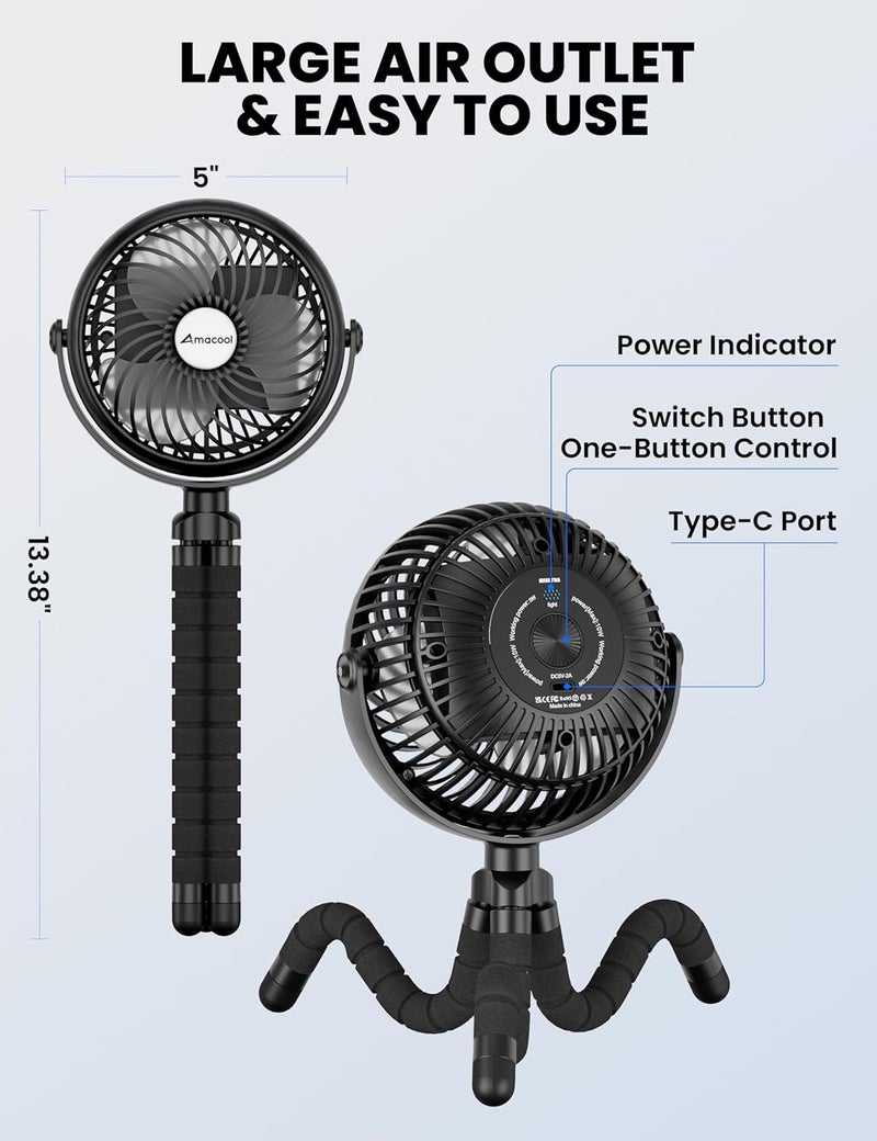 AMACOOL Baby Stroller Fan  5000mAh Rechargeable 3Speed Strong Yet Quiet 360Rotate Portable Clip on Fan for Travel Car Seat Crib Bike Treadmill Beach Vacation Essentials - Image 2