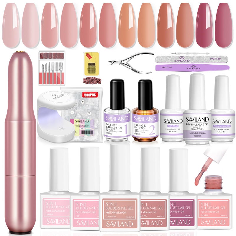 SAVILAND Builder Nail Gel Kit with Nail Drill: Castor Oil Vitamin E Builder Nail Gel in a Bottle 6 Colors 10 ml Hard Gel for Nails Strengthener Extension Gel Mini UV Lamp Nail Glue Gel Home Nail Salon - Image 1