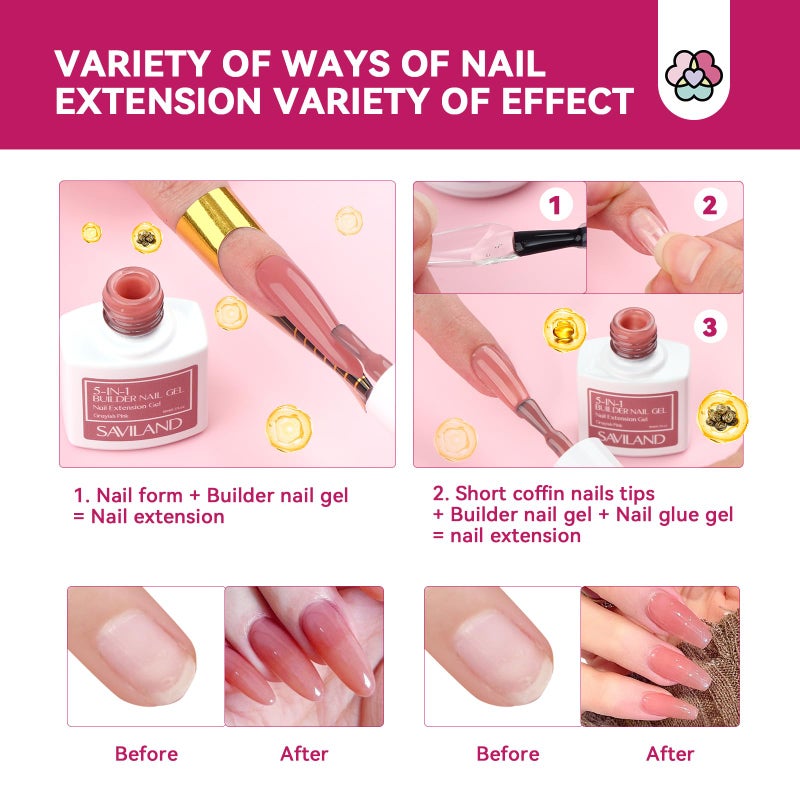 SAVILAND Builder Nail Gel Kit with Nail Drill: Castor Oil Vitamin E Builder Nail Gel in a Bottle 6 Colors 10 ml Hard Gel for Nails Strengthener Extension Gel Mini UV Lamp Nail Glue Gel Home Nail Salon - Image 4
