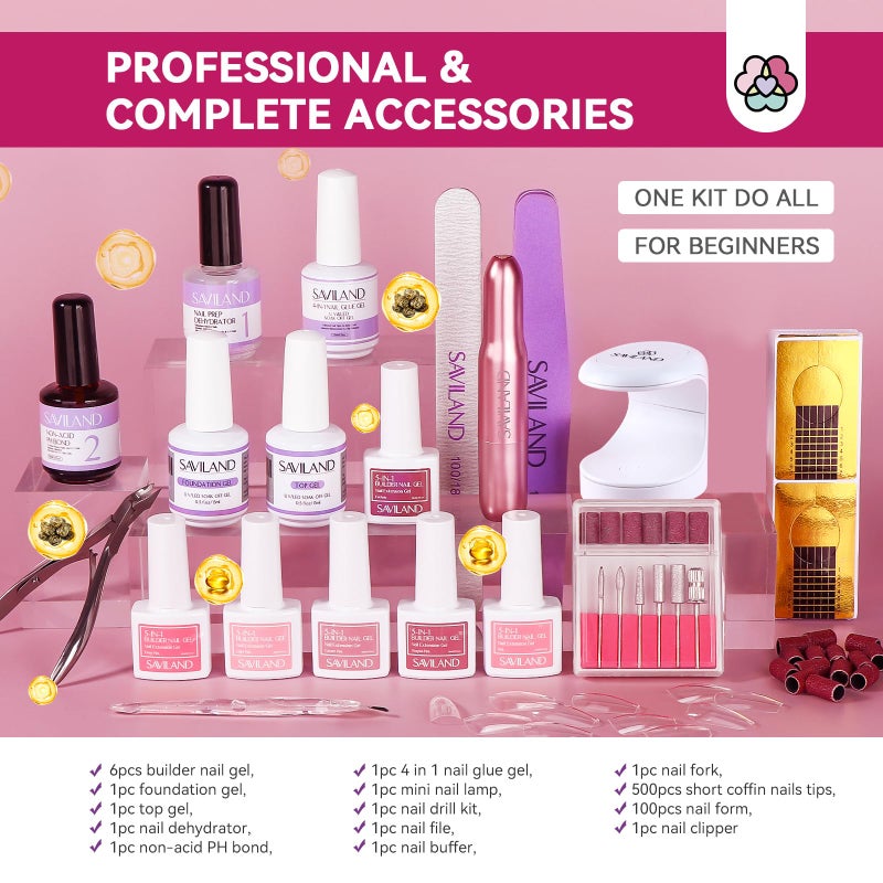 SAVILAND Builder Nail Gel Kit with Nail Drill: Castor Oil Vitamin E Builder Nail Gel in a Bottle 6 Colors 10 ml Hard Gel for Nails Strengthener Extension Gel Mini UV Lamp Nail Glue Gel Home Nail Salon - Image 2