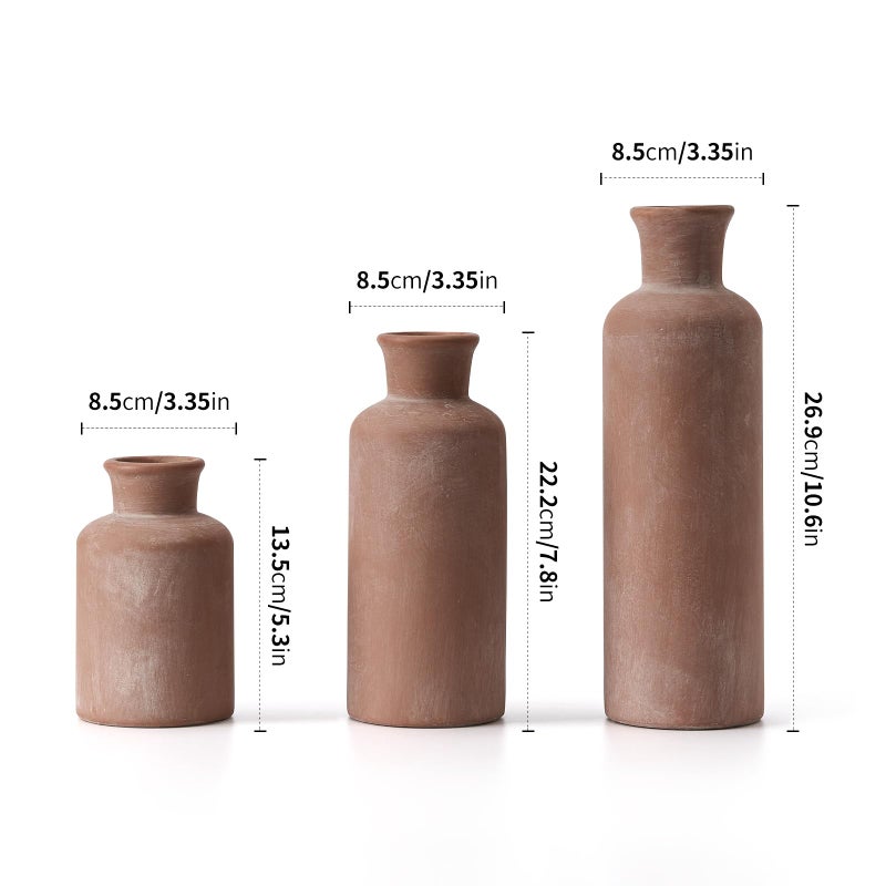 LUKA Ceramic Rustic Farmhouse Vase Terracotta Vases for Decor Vase Set of 3 Vase for Your Bedroom Office Living Room Fireplace Bookshelf Decor Housewarming 10+7.5+5 Inch - Image 3