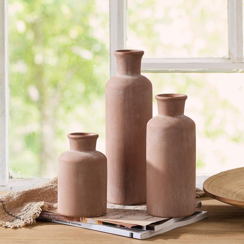 LUKA Ceramic Rustic Farmhouse Vase Terracotta Vases for Decor Vase Set of 3 Vase for Your Bedroom Office Living Room Fireplace Bookshelf Decor Housewarming 10+7.5+5 Inch - Image 2