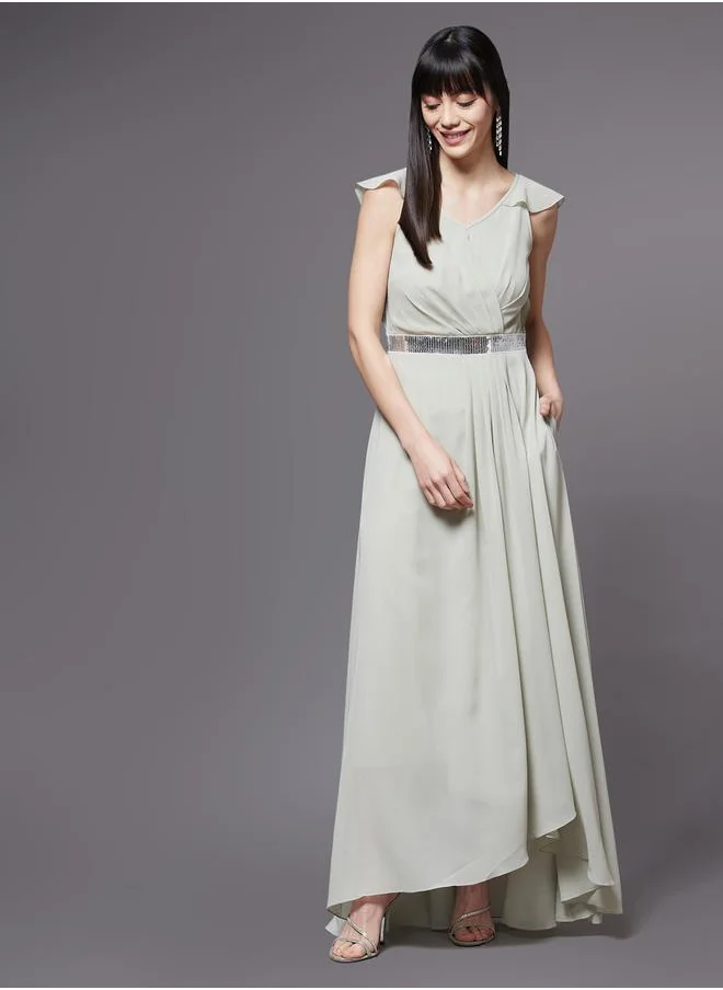 مس تشايس Embellished Waist Ruffle Sleeves A-Line Maxi Dress by Styli