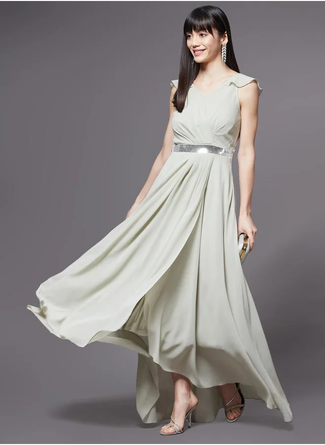 مس تشايس Embellished Waist Ruffle Sleeves A-Line Maxi Dress by Styli