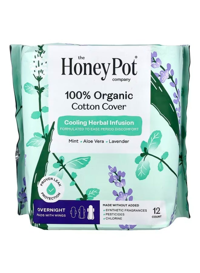 The Honey Pot Company, Organic Herbal-Infused Pads with Wings, Overnight, 12 Count - Image 1
