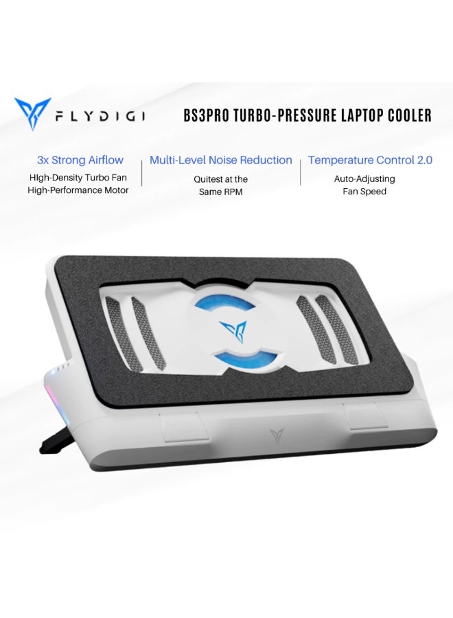 فلاي ديجي مبرد لابتوب Flydigi BS3 Pro احترافي بتقنية التوربو ذات الضغط الهوائي المغلق، نظام تقليل ضوضاء ثلاثي، تحكم ذكي بدرجة الحرارة، قاعدة تبريد RGB لأجهزة اللابتوب المخصصة للألعاب مقاس 15.6 بوصة فأكبر بسرعة تصل إلى 4000 دورة في الدقيقة - Image 2