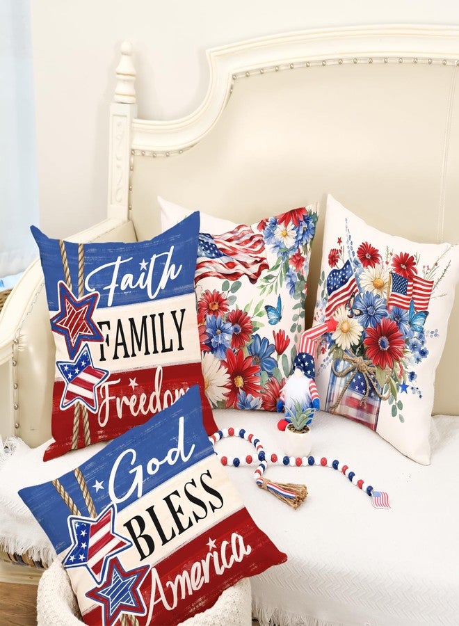 GEEORY 4th of July God Bless America Pillow Covers 18x18 Inch Set of 4, Stars and Stripes Faith Freedom Decorative Throw Pillows Patriotic Decorations Independence Day Decor for Home G700-18 - Image 5