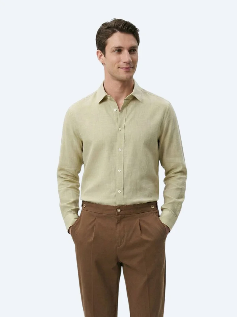 Kip Oil Green Plain Regular Fit Long Weaving Casual 100% Cotton Shirt