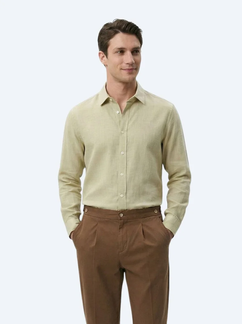 Kip Oil Green Plain Regular Fit Long Weaving Casual 100% Cotton Shirt