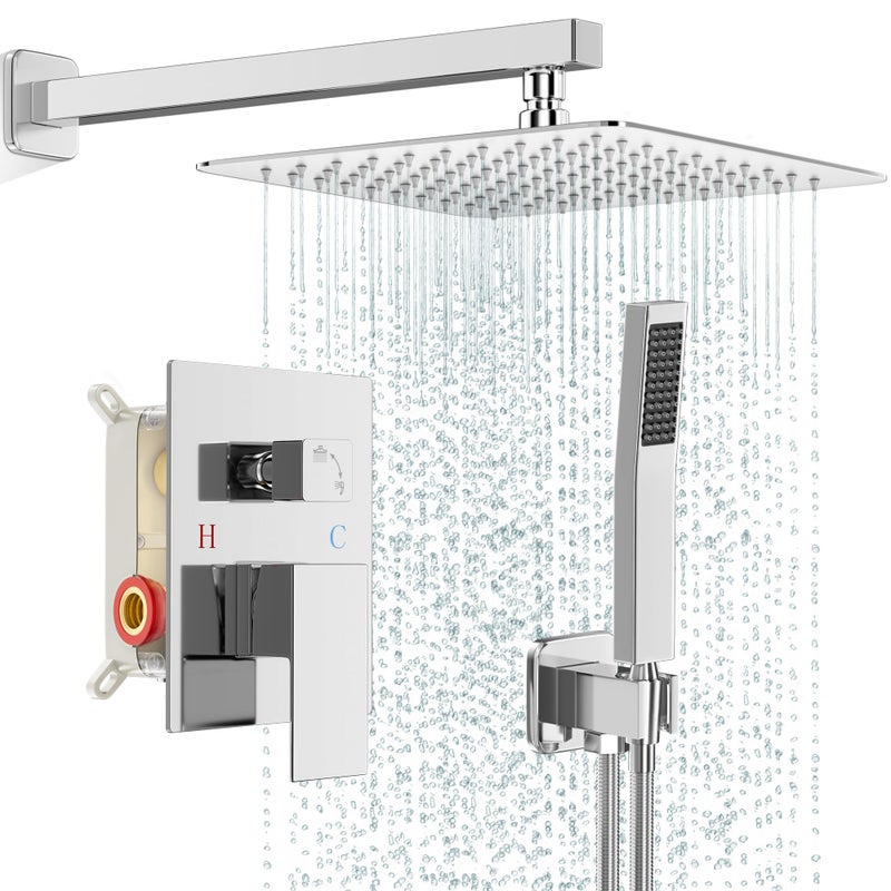 FPXRNG Shower Faucet Set Bathroom Square Rain Shower Head and Handle Set Wall Mounted Shower Fixtures Full Metal Trim Repair Kit 10 inch Polished Chrome With Shower Valve