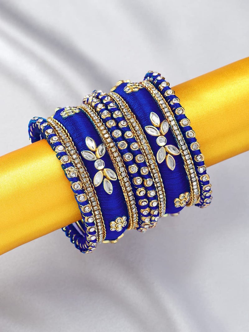 Peora Women's Silk Thread Fabric and Stone Studded Kundan/Chura/Chuda Blue Bangle Set (Size -2.6 inch) - Image 3