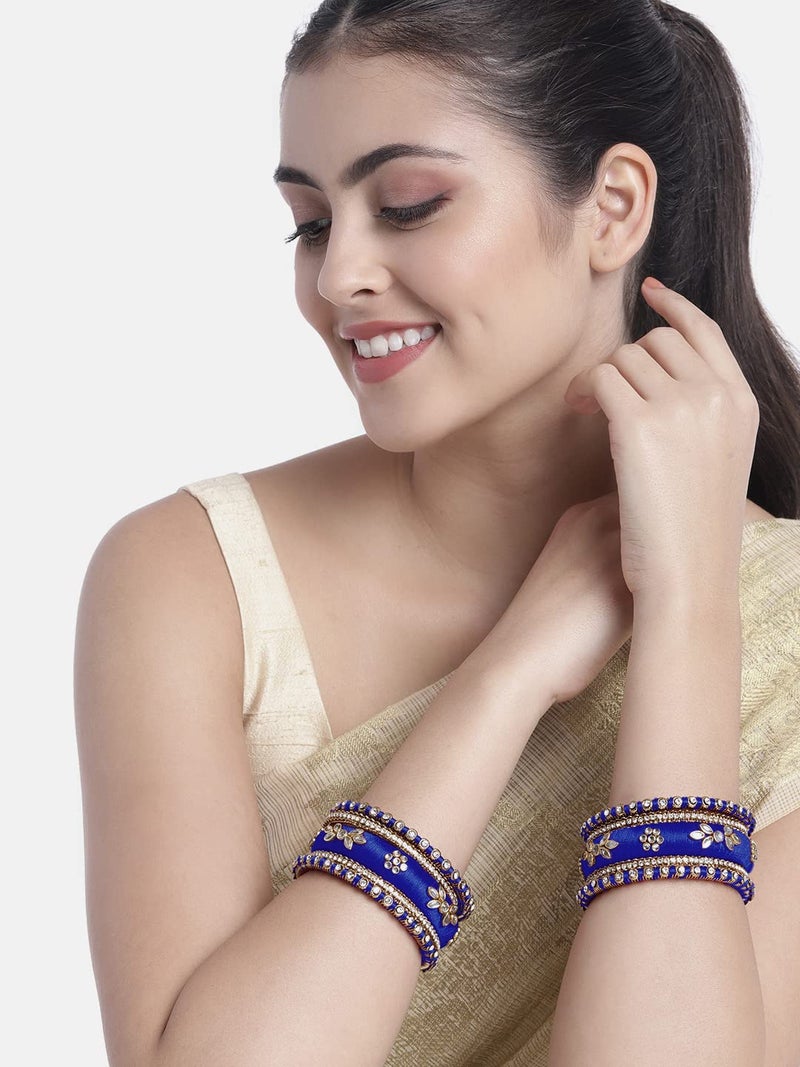 Peora Women's Silk Thread Fabric and Stone Studded Kundan/Chura/Chuda Blue Bangle Set (Size -2.6 inch) - Image 2