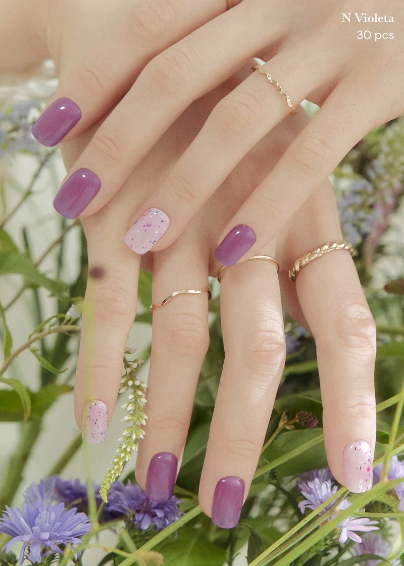 ohora Semi Cured Gel Nail Strips (N Violeta) - Purple, Patterned, Works with Any UV/LED Lamps, Salon-Quality, Long Lasting, Easy to Apply & Remove - Includes 2 Prep Pads, Nail File & Wooden Stick - Image 4