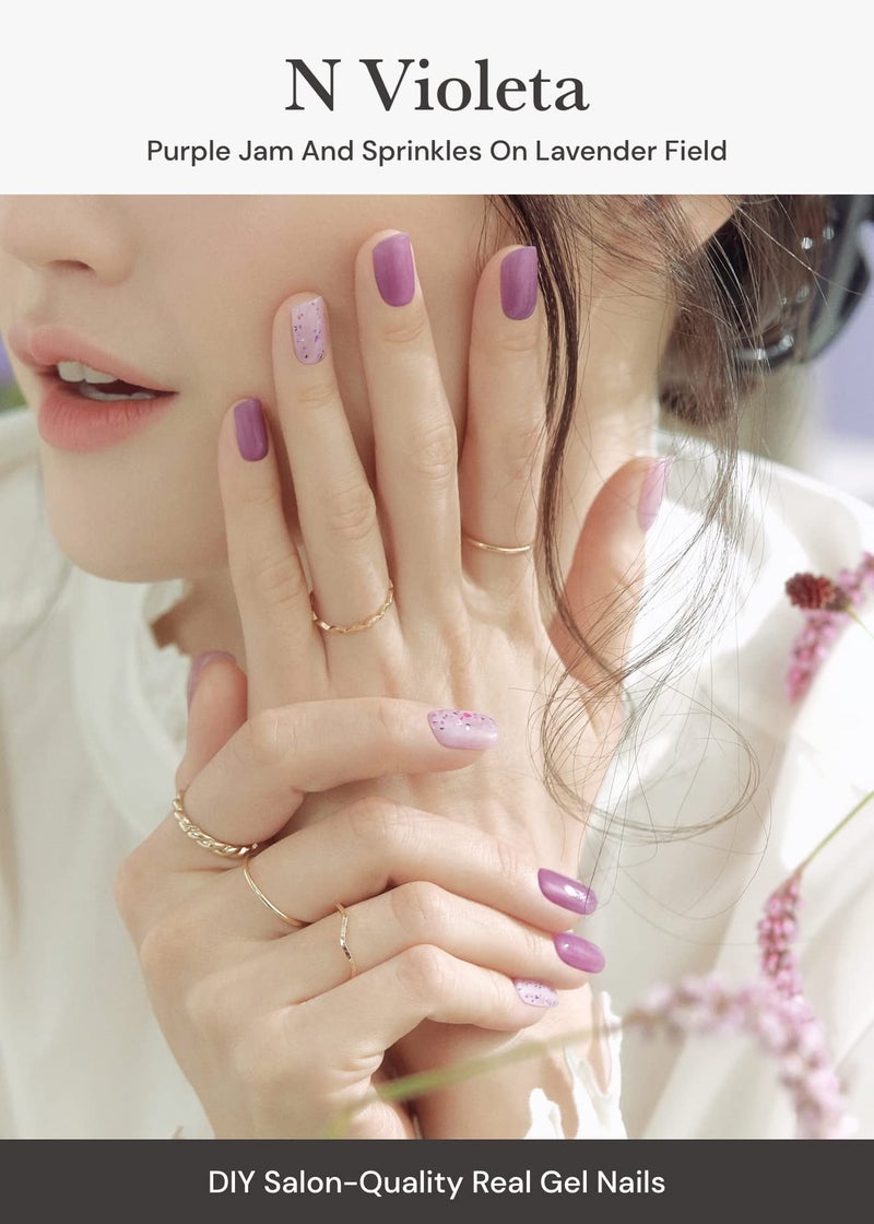ohora Semi Cured Gel Nail Strips (N Violeta) - Purple, Patterned, Works with Any UV/LED Lamps, Salon-Quality, Long Lasting, Easy to Apply & Remove - Includes 2 Prep Pads, Nail File & Wooden Stick - Image 2
