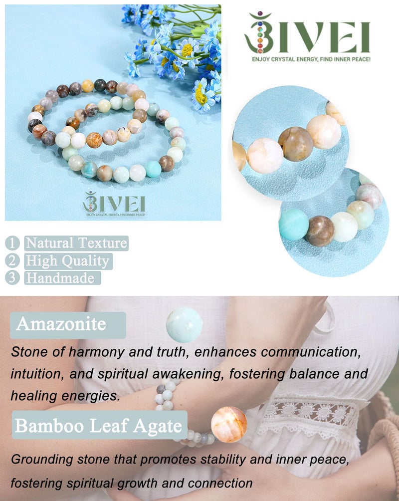 Bivei Natural Gemstone Semi Precious Crystals Handmade Stretchy Round Beads Bracelet, Enhance Positive Energy,Stocking Stuffers for Women(Bamboo Leaf Agate & Amazonite (Good Luck) Medium) - Image 5