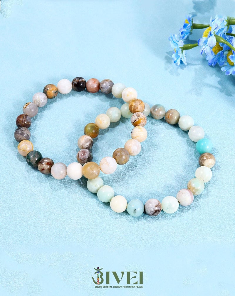 Bivei Natural Gemstone Semi Precious Crystals Handmade Stretchy Round Beads Bracelet, Enhance Positive Energy,Stocking Stuffers for Women(Bamboo Leaf Agate & Amazonite (Good Luck) Medium) - Image 4