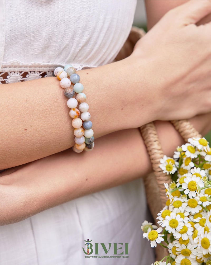 Bivei Natural Gemstone Semi Precious Crystals Handmade Stretchy Round Beads Bracelet, Enhance Positive Energy,Stocking Stuffers for Women(Bamboo Leaf Agate & Amazonite (Good Luck) Medium) - Image 2