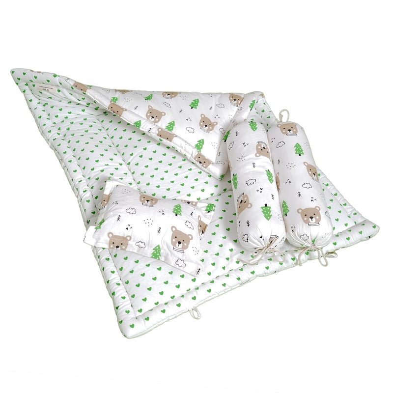 NWF | Pack of 4 – 100% Cotton Unisex Baby Bedding Set with Mattress | Portable Daytime Bedding for Newborns & Infants (0–24 Months) | Size: 26" x 40" | Green - Image 1