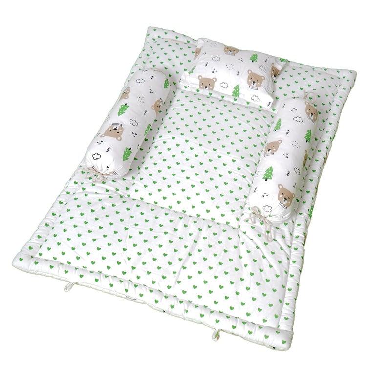 NWF | Pack of 4 – 100% Cotton Unisex Baby Bedding Set with Mattress | Portable Daytime Bedding for Newborns & Infants (0–24 Months) | Size: 26" x 40" | Green - Image 3