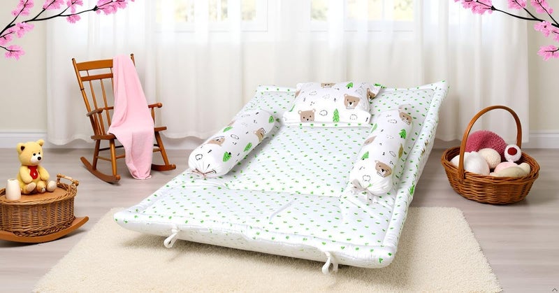 NWF | Pack of 4 – 100% Cotton Unisex Baby Bedding Set with Mattress | Portable Daytime Bedding for Newborns & Infants (0–24 Months) | Size: 26" x 40" | Green - Image 2