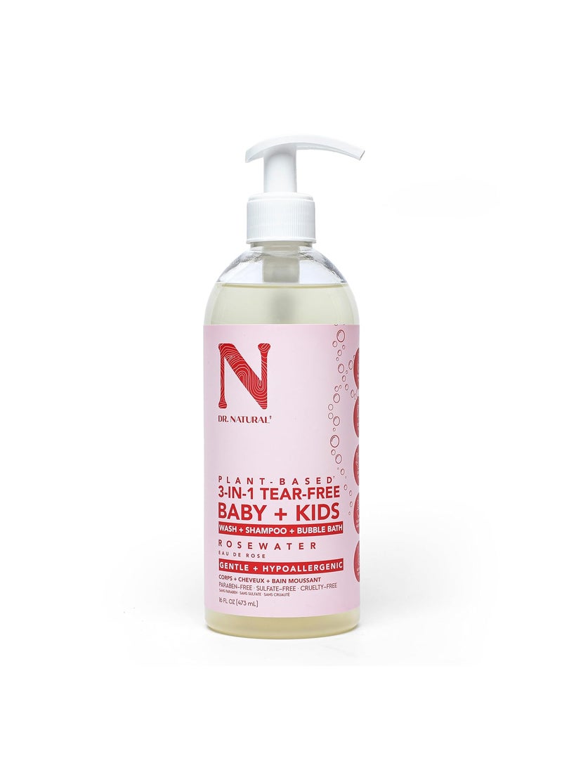 Dr. Natural - Dr. Natural 3-in-1 Tear-Free Baby Plus Kids Soap, Rosewater, 16 oz - Plant-Based Baby Shampoo and Body Wash - Sulfate and Paraben-Free - Hypoallergenic for Sensitive Skin - Infused with Essential Oils - Image 1
