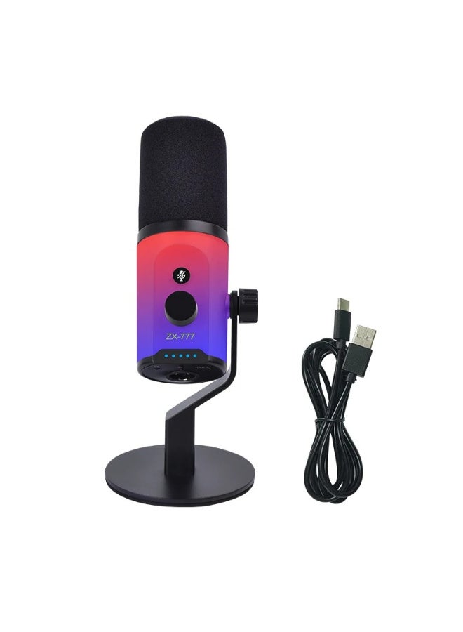 ميكروفون ألعاب ZX-777 USB، مزود بإضاءة RGB ديناميكية، وميكروفون كابسول احترافي ذو توجيه قلبي، مناسب للبودكاست وتسجيلات YouTube والألعاب - أسود - Image 1
