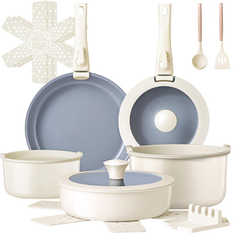 Ammeloo Ceramic Pots and Pans Set Non Stick, Non Toxic Cookware Set with Removable Handles, 18 Pcs Healthy Kitchen Cooking Set, Induction Ready, Dishwasher & Oven Safe, PFAS PFOA & PTFE Free - Image 1
