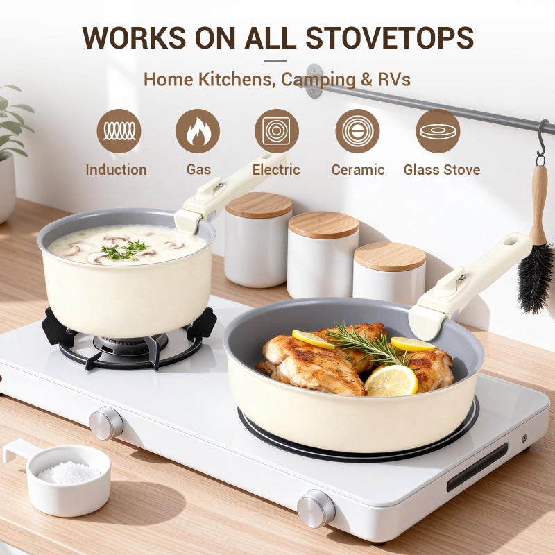 Ammeloo Ceramic Pots and Pans Set Non Stick, Non Toxic Cookware Set with Removable Handles, 18 Pcs Healthy Kitchen Cooking Set, Induction Ready, Dishwasher & Oven Safe, PFAS PFOA & PTFE Free - Image 4