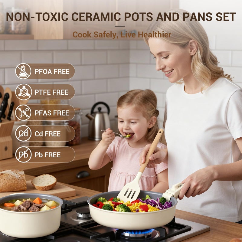 Ammeloo Ceramic Pots and Pans Set Non Stick, Non Toxic Cookware Set with Removable Handles, 18 Pcs Healthy Kitchen Cooking Set, Induction Ready, Dishwasher & Oven Safe, PFAS PFOA & PTFE Free - Image 2