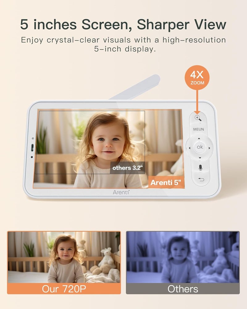 ARENTI Baby Monitor 2 Cameras Smart Baby Camera with 5Inch Wireless Display Super Night Vision Temperature Sensor Sound Detection Auto Motion Tracking 2Way Audio VOX ModeB2 Set - Image 5