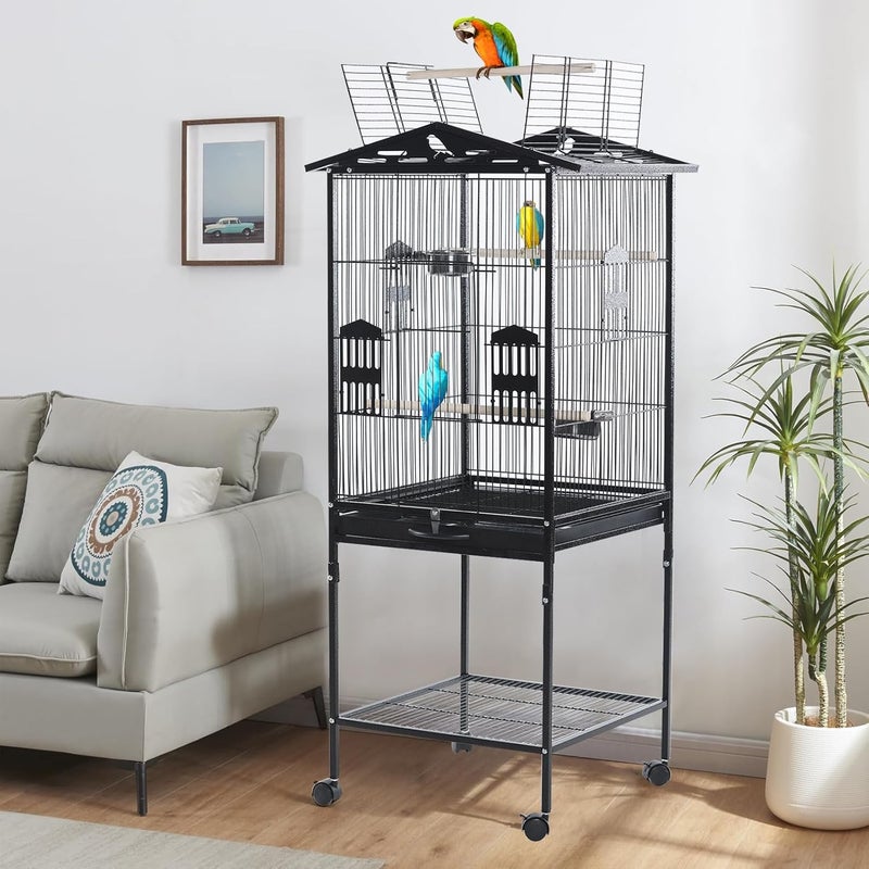 TDOO Large Standing Bird Cage with Rolling Stand & Slide Out Tray - Wrought Iron Flight Parrot Cage for Macaw, Cockatiel, Canary, Finch, Lovebirds, Parakeets and Other Medium Birds (52.76in) - Image 2