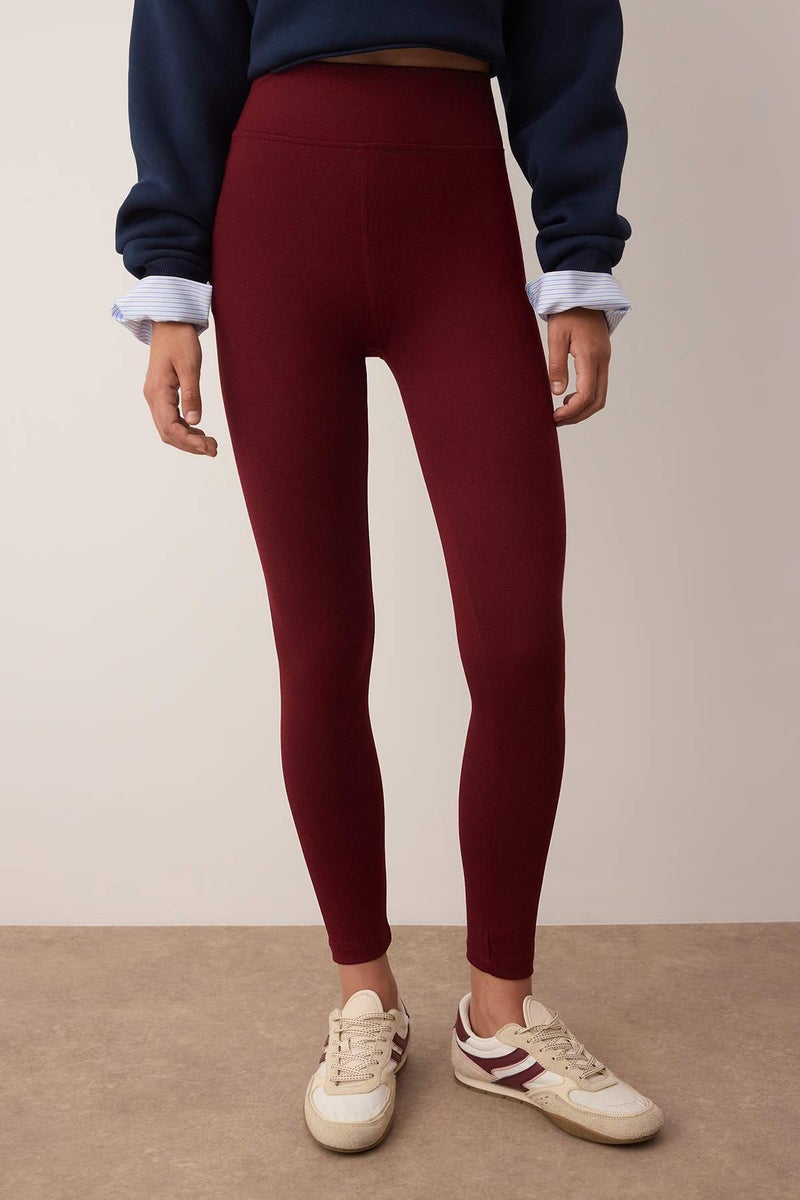 trendyol Claret Red High Waist Basic Elastic Waist Interlock Knitted Tights - Image 3