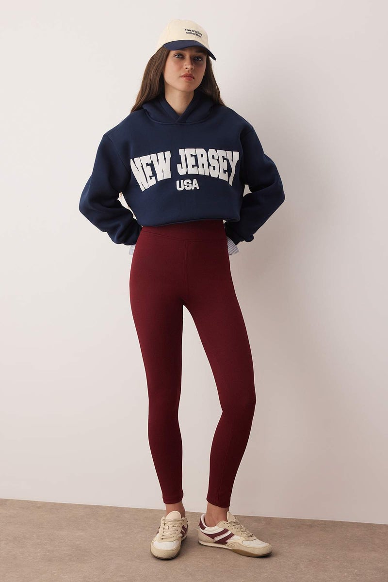 trendyol Claret Red High Waist Basic Elastic Waist Interlock Knitted Tights - Image 1