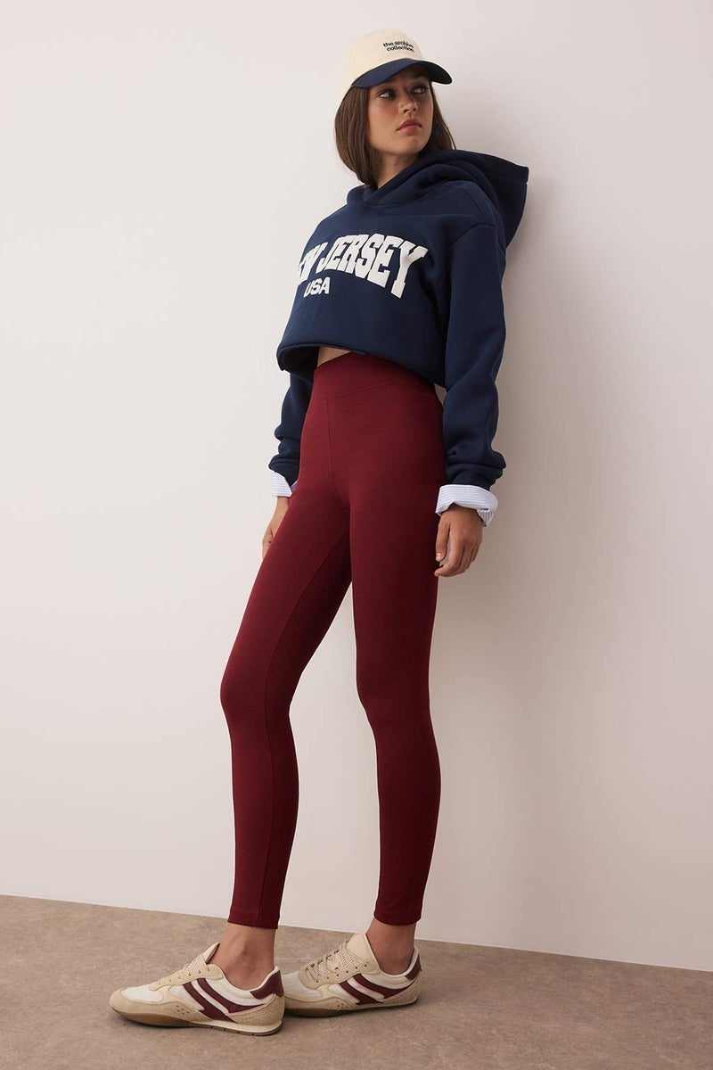 trendyol Claret Red High Waist Basic Elastic Waist Interlock Knitted Tights - Image 2