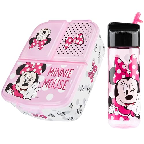 Disney Minnie Mouse Kids Lunch Box with Compartments and Water Bottle with Straw Pink - Image 1