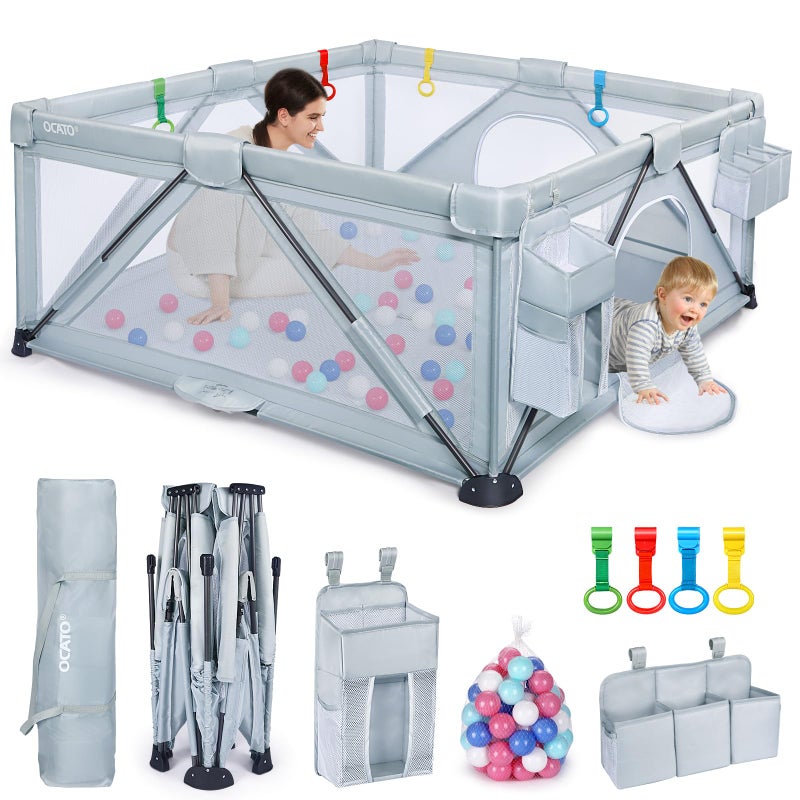 OCATO OCATO Baby Playpen Foldable Playpen for Babies and Toddlers Large Play Pen Portable Playpen Fence Indoor Outdoor Kids Safety Area Travel Play Yard with 2 Storage Bags 4 Handlers 50 Balls 59 59 