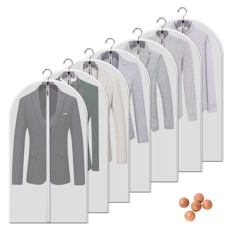 VOSIGREEN Dust Proof Clear Garment Bags 7 Piece Set  40 Inch Translucent Suit Bags with FullLength Zipper for Closet Clothes Storage and Travel Bonus 5 Natural Cedar Ball