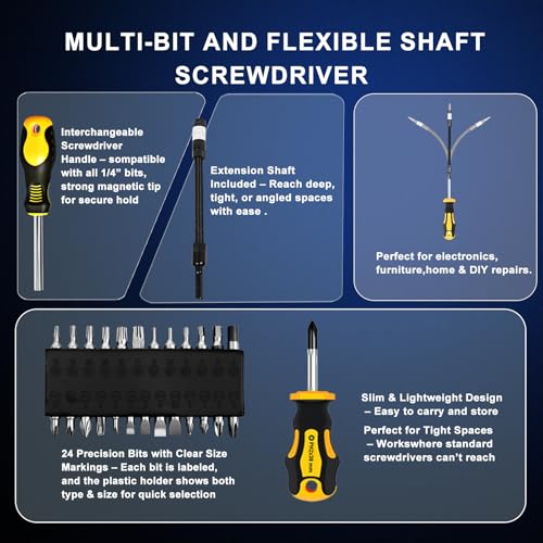DikTalk Magnetic Screwdriver Set with Case, Professional Screwdriver Set Kit with Slotted Phillips Torx Hex Pozidriv & Precision Screwdrivers, Bits, Flexible Extension Shaft & Tool Set Accessories - Image 5