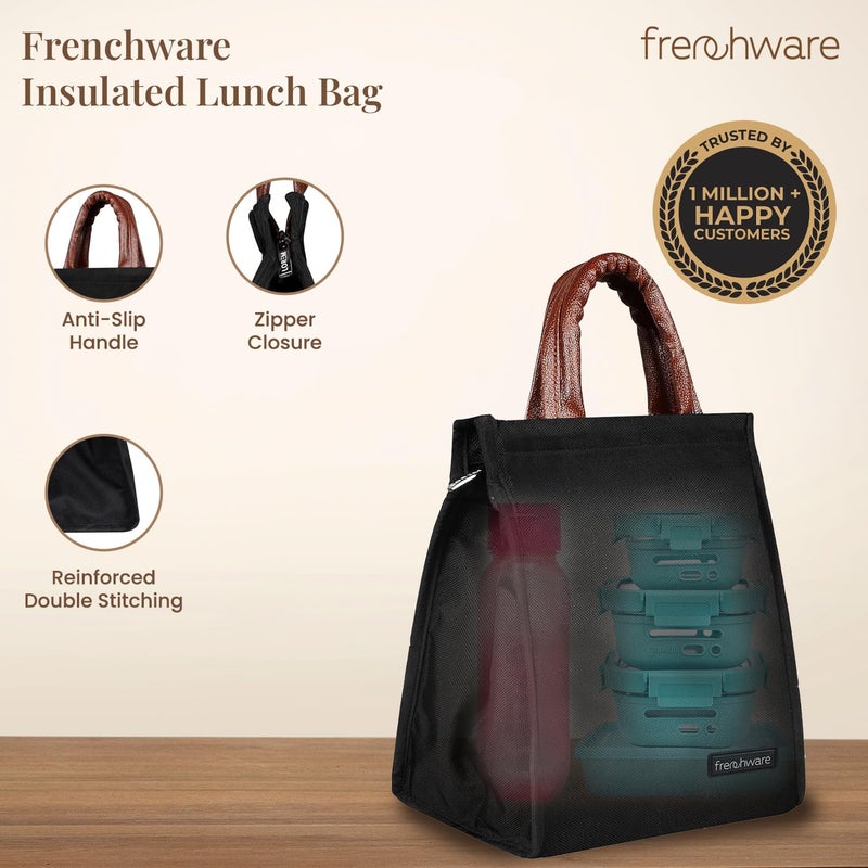 Frenchware Insulated Lunch Bag (8 Litre, Black), Office Tiffin Bags for Men and Women, Hot & Cold Travel Lunch Box for Men, Tiffin Box & Bottles, Lunch Bag for Office, Picnic Bag (Jet Black) - Image 2