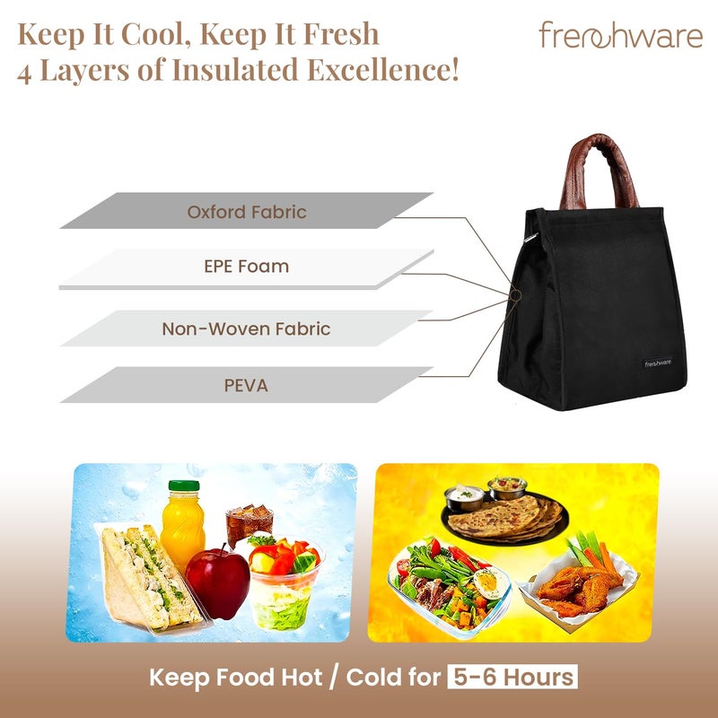 Frenchware Insulated Lunch Bag (8 Litre, Black), Office Tiffin Bags for Men and Women, Hot & Cold Travel Lunch Box for Men, Tiffin Box & Bottles, Lunch Bag for Office, Picnic Bag (Jet Black) - Image 4