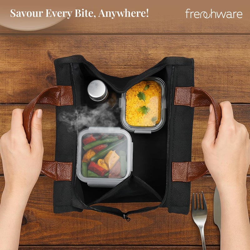 Frenchware Insulated Lunch Bag (8 Litre, Black), Office Tiffin Bags for Men and Women, Hot & Cold Travel Lunch Box for Men, Tiffin Box & Bottles, Lunch Bag for Office, Picnic Bag (Jet Black) - Image 3