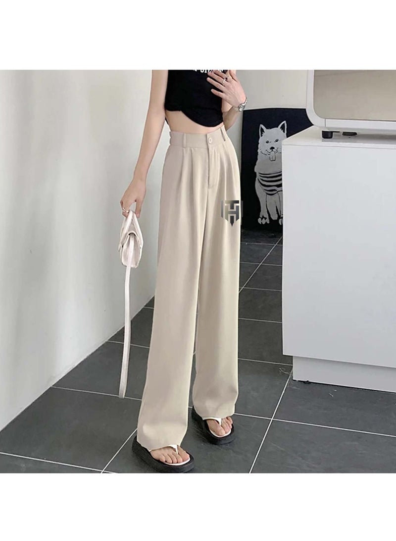 Huitich Women's Ice Silk Wide-Leg Pants High Waist, Loose Fit, Apricot Size L - Image 5