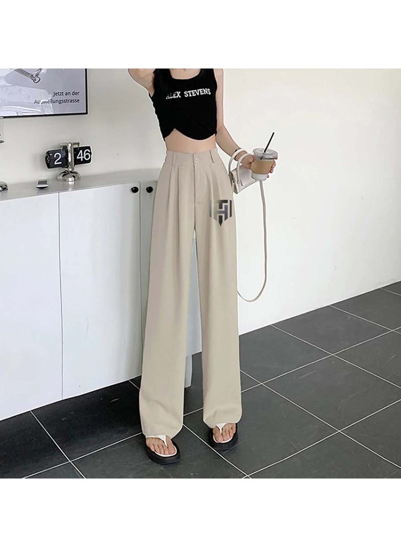 Huitich Women's Ice Silk Wide-Leg Pants High Waist, Loose Fit, Apricot Size L - Image 3