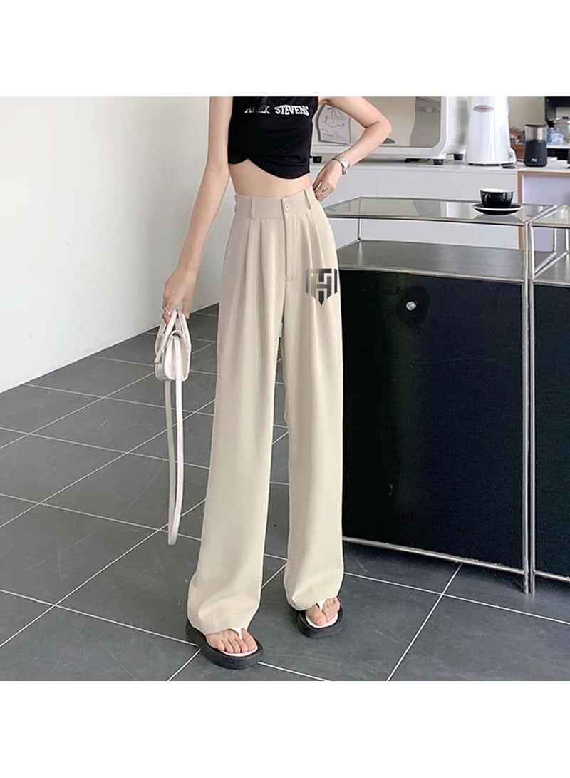 Huitich Women's Ice Silk Wide-Leg Pants High Waist, Loose Fit, Apricot Size L - Image 2