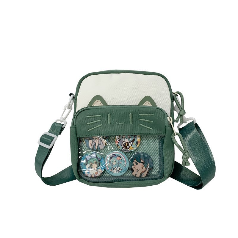 Shoulder Cute Embroidered Cat Messenger Bag Harajuku Style Fashionable Transparent Badge Phone Bag Pain Bag Small Bag